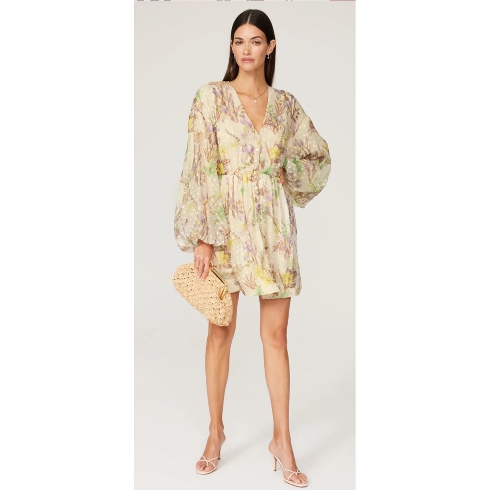 Alexis Behati Floral Swiss Dot Balloon Sleeve Mini Dress Cream Yellow Multi L‎